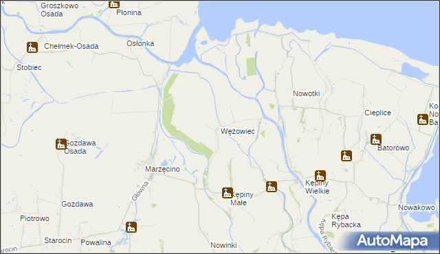 mapa Wężowiec gmina Nowy Dwór Gdański, Wężowiec gmina Nowy Dwór Gdański na mapie Targeo