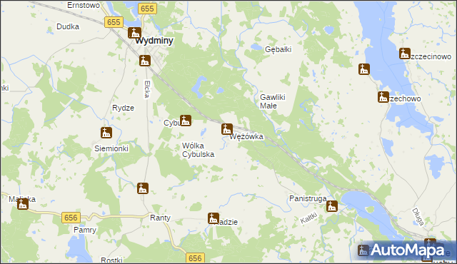 mapa Wężówka gmina Wydminy, Wężówka gmina Wydminy na mapie Targeo