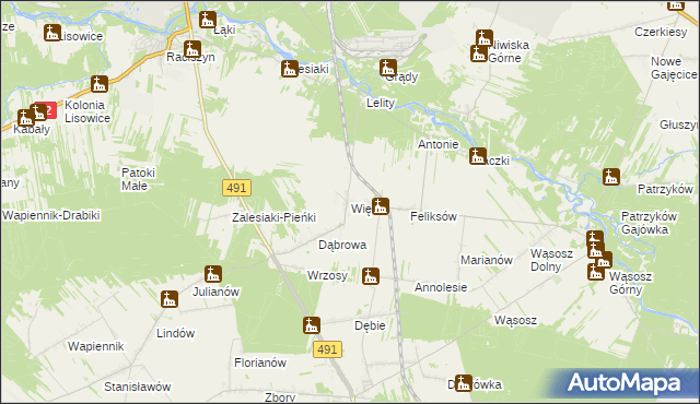 mapa Więcki gmina Popów, Więcki gmina Popów na mapie Targeo