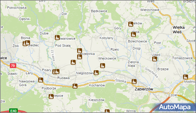 mapa Więckowice gmina Zabierzów, Więckowice gmina Zabierzów na mapie Targeo