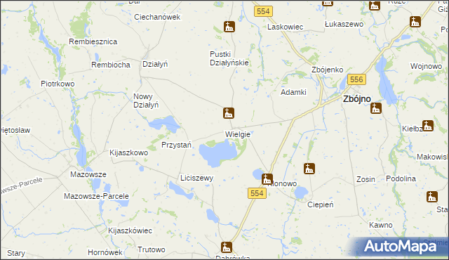 mapa Wielgie gmina Zbójno, Wielgie gmina Zbójno na mapie Targeo