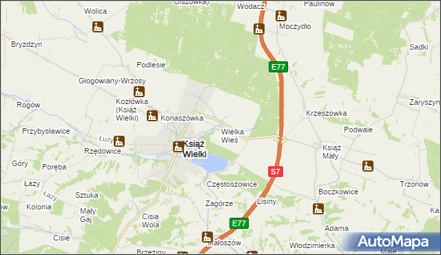 mapa Wielka Wieś gmina Książ Wielki, Wielka Wieś gmina Książ Wielki na mapie Targeo