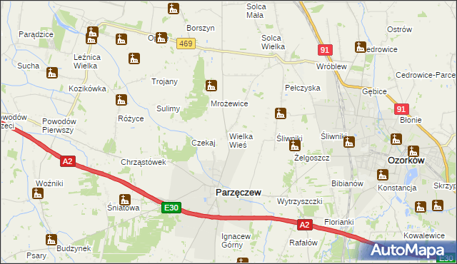 mapa Wielka Wieś gmina Parzęczew, Wielka Wieś gmina Parzęczew na mapie Targeo