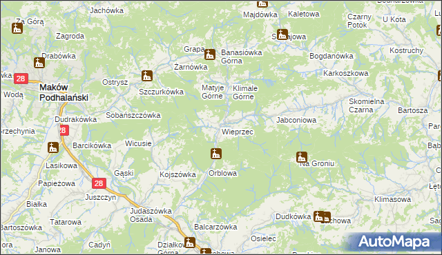 mapa Wieprzec gmina Maków Podhalański, Wieprzec gmina Maków Podhalański na mapie Targeo