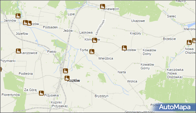 mapa Wierzbica gmina Kozłów, Wierzbica gmina Kozłów na mapie Targeo