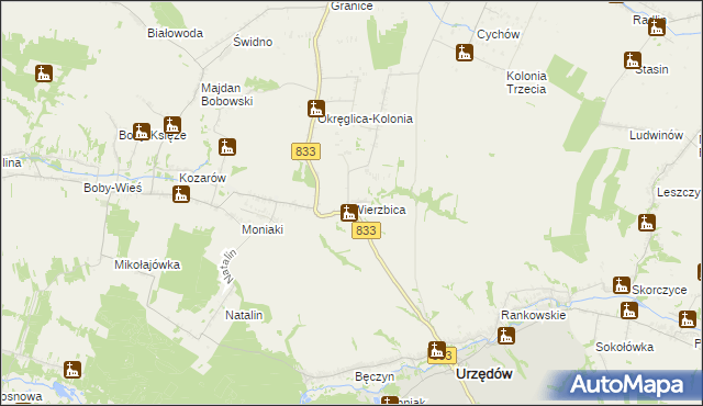 mapa Wierzbica gmina Urzędów, Wierzbica gmina Urzędów na mapie Targeo
