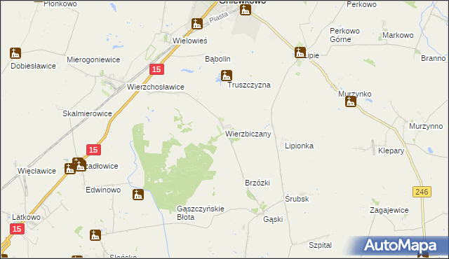 mapa Wierzbiczany gmina Gniewkowo, Wierzbiczany gmina Gniewkowo na mapie Targeo