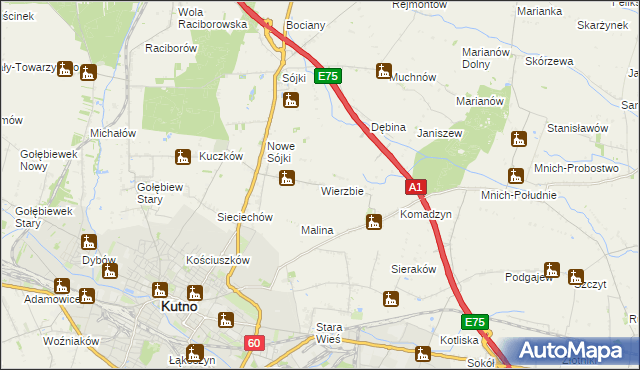 mapa Wierzbie gmina Kutno, Wierzbie gmina Kutno na mapie Targeo