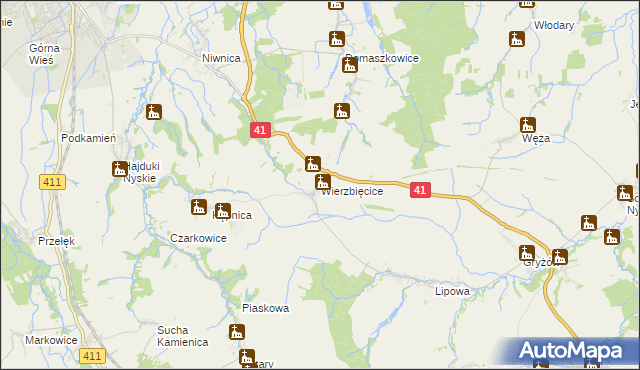 mapa Wierzbięcice gmina Nysa, Wierzbięcice gmina Nysa na mapie Targeo