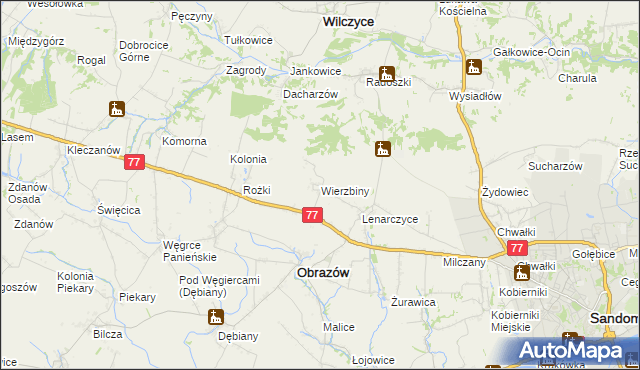 mapa Wierzbiny gmina Obrazów, Wierzbiny gmina Obrazów na mapie Targeo