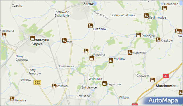 mapa Wierzbna gmina Żarów, Wierzbna gmina Żarów na mapie Targeo