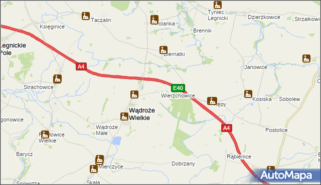 mapa Wierzchowice gmina Wądroże Wielkie, Wierzchowice gmina Wądroże Wielkie na mapie Targeo