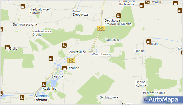 mapa Wierzchowiny gmina Siennica Różana, Wierzchowiny gmina Siennica Różana na mapie Targeo