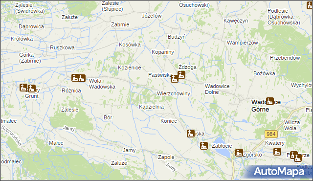 mapa Wierzchowiny gmina Wadowice Górne, Wierzchowiny gmina Wadowice Górne na mapie Targeo