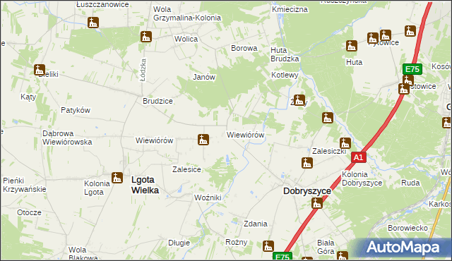 mapa Wiewiórów gmina Dobryszyce, Wiewiórów gmina Dobryszyce na mapie Targeo