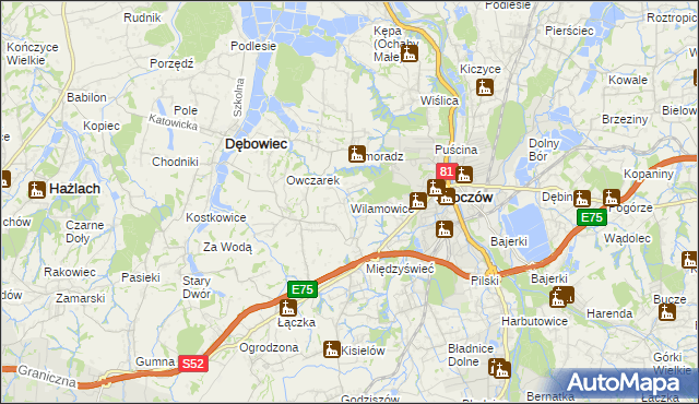 mapa Wilamowice gmina Skoczów, Wilamowice gmina Skoczów na mapie Targeo
