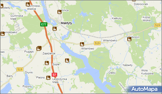 mapa Wilamowo gmina Małdyty, Wilamowo gmina Małdyty na mapie Targeo