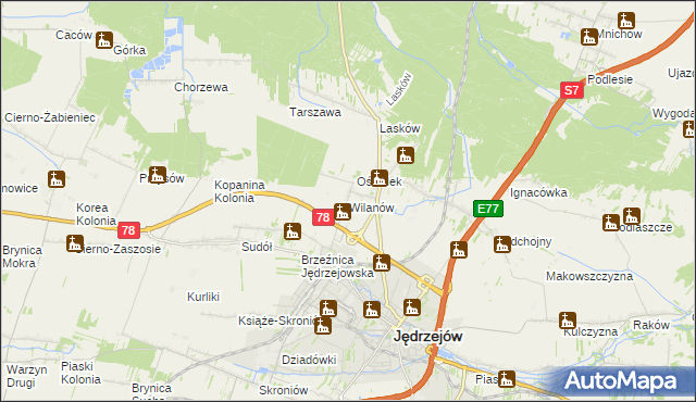 mapa Wilanów gmina Jędrzejów, Wilanów gmina Jędrzejów na mapie Targeo