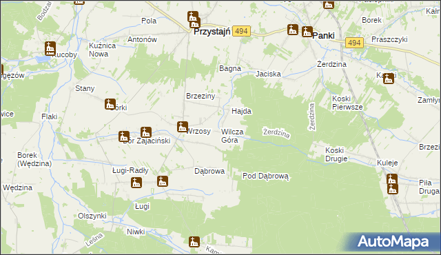 mapa Wilcza Góra gmina Przystajń, Wilcza Góra gmina Przystajń na mapie Targeo