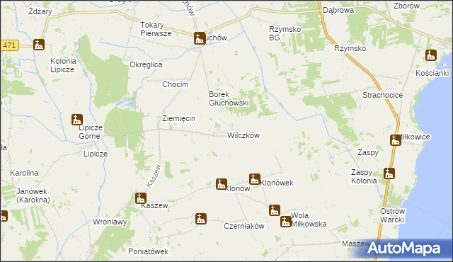 mapa Wilczków gmina Goszczanów, Wilczków gmina Goszczanów na mapie Targeo