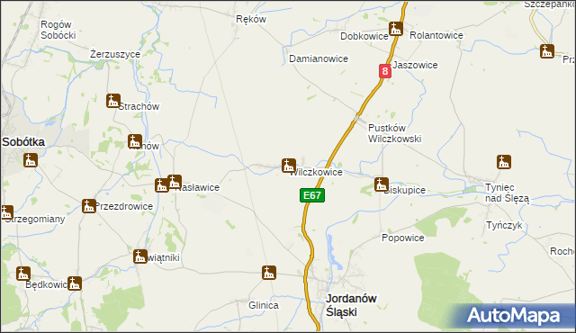 mapa Wilczkowice gmina Jordanów Śląski, Wilczkowice gmina Jordanów Śląski na mapie Targeo