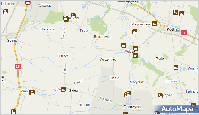 mapa Wilczyniec gmina Jarocin, Wilczyniec gmina Jarocin na mapie Targeo