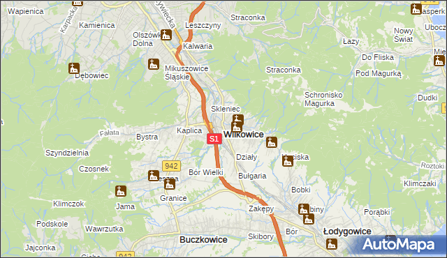 mapa Wilkowice powiat bielski, Wilkowice powiat bielski na mapie Targeo