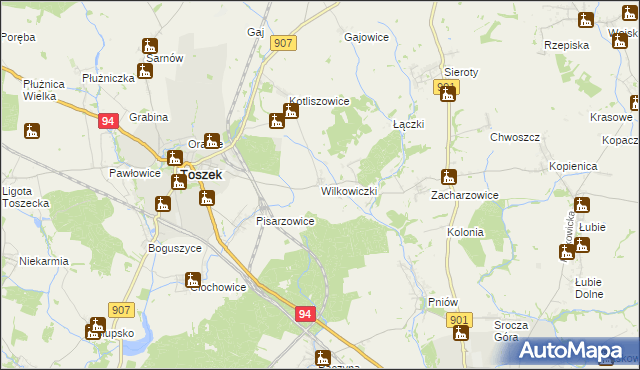 mapa Wilkowiczki gmina Toszek, Wilkowiczki gmina Toszek na mapie Targeo