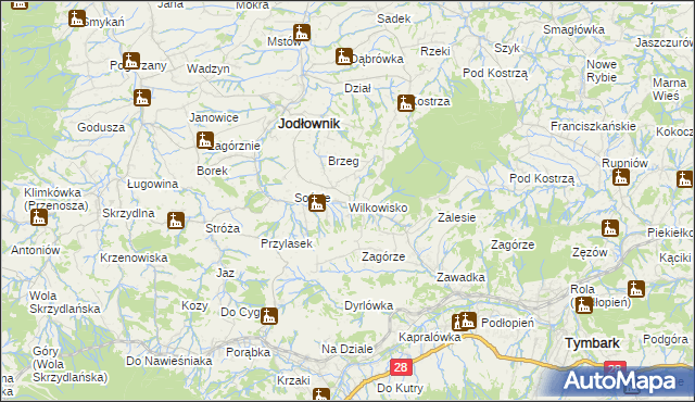 mapa Wilkowisko gmina Jodłownik, Wilkowisko gmina Jodłownik na mapie Targeo