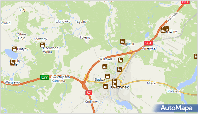 mapa Wilkowo gmina Olsztynek, Wilkowo gmina Olsztynek na mapie Targeo