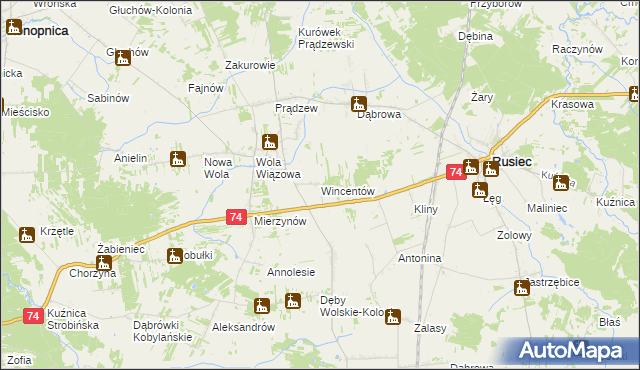 mapa Wincentów gmina Rusiec, Wincentów gmina Rusiec na mapie Targeo