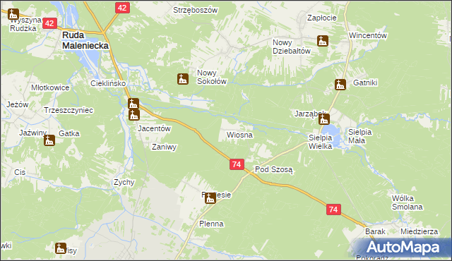 mapa Wiosna gmina Radoszyce, Wiosna gmina Radoszyce na mapie Targeo