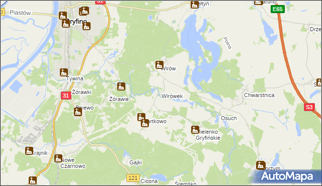 mapa Wirówek gmina Gryfino, Wirówek gmina Gryfino na mapie Targeo
