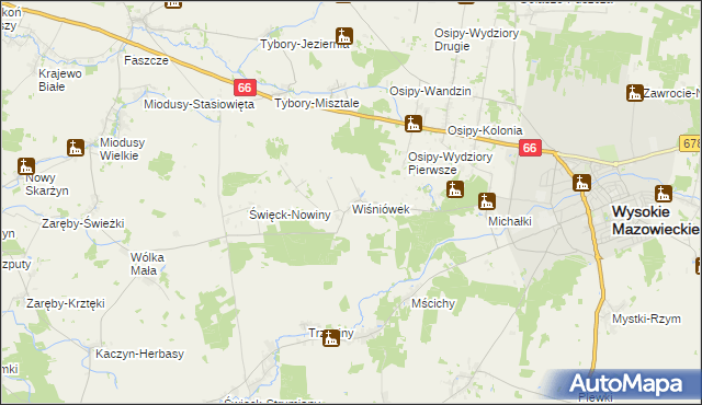 mapa Wiśniówek gmina Wysokie Mazowieckie, Wiśniówek gmina Wysokie Mazowieckie na mapie Targeo