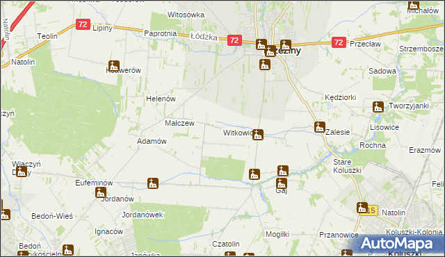 mapa Witkowice gmina Brzeziny, Witkowice gmina Brzeziny na mapie Targeo
