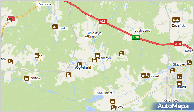 mapa Witoszyn gmina Wymiarki, Witoszyn gmina Wymiarki na mapie Targeo