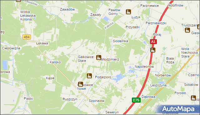 mapa Włodzimierz gmina Kamieńsk, Włodzimierz gmina Kamieńsk na mapie Targeo