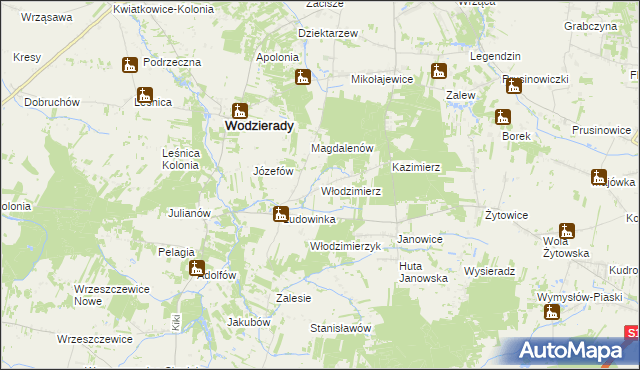 mapa Włodzimierz gmina Wodzierady, Włodzimierz gmina Wodzierady na mapie Targeo