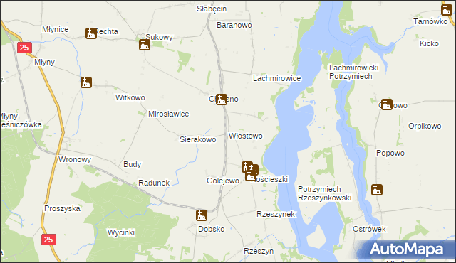 mapa Włostowo gmina Jeziora Wielkie, Włostowo gmina Jeziora Wielkie na mapie Targeo