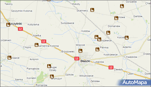 mapa Wójcice gmina Błaszki, Wójcice gmina Błaszki na mapie Targeo