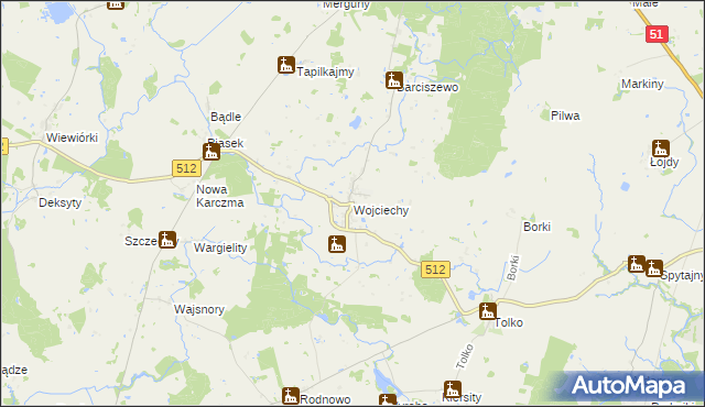 mapa Wojciechy gmina Bartoszyce, Wojciechy gmina Bartoszyce na mapie Targeo