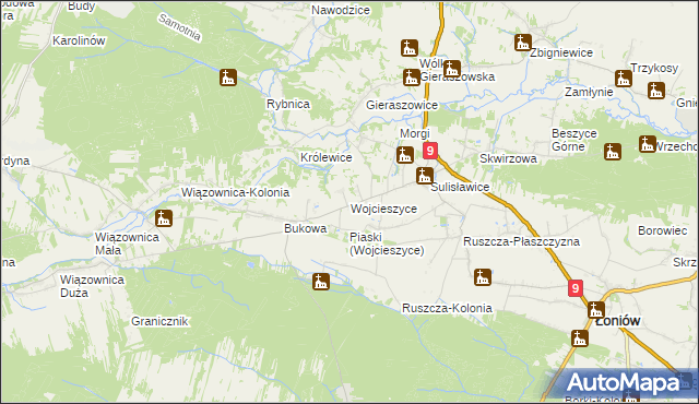 mapa Wojcieszyce gmina Łoniów, Wojcieszyce gmina Łoniów na mapie Targeo