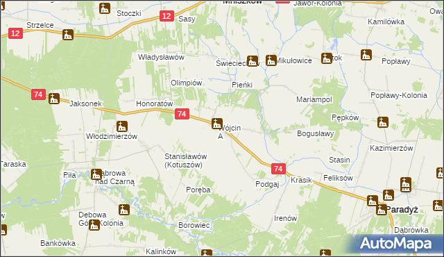 mapa Wójcin gmina Paradyż, Wójcin gmina Paradyż na mapie Targeo