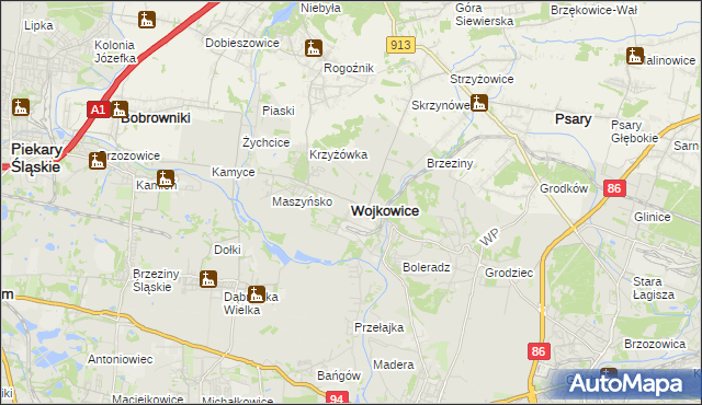 mapa Wojkowice powiat będziński, Wojkowice powiat będziński na mapie Targeo