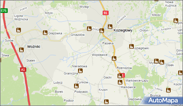 mapa Wojsławice gmina Koziegłowy, Wojsławice gmina Koziegłowy na mapie Targeo