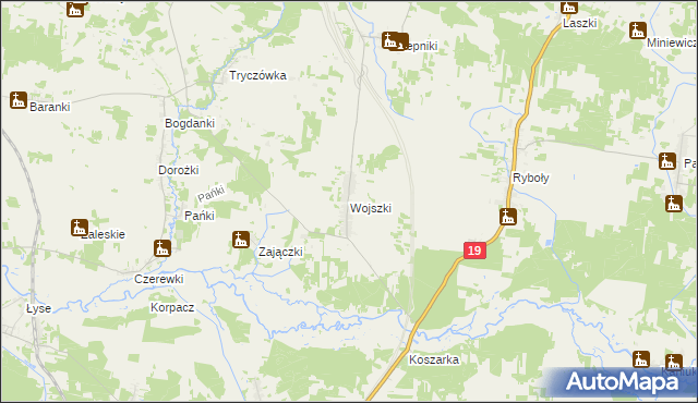 mapa Wojszki gmina Juchnowiec Kościelny, Wojszki gmina Juchnowiec Kościelny na mapie Targeo