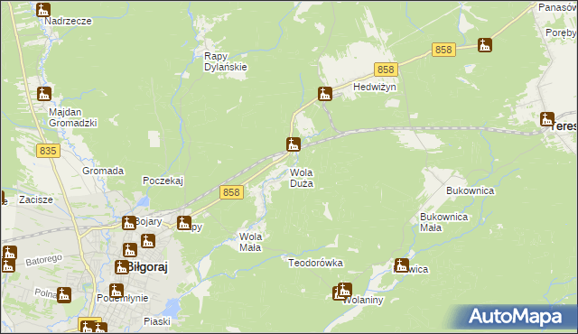 mapa Wola Duża gmina Biłgoraj, Wola Duża gmina Biłgoraj na mapie Targeo