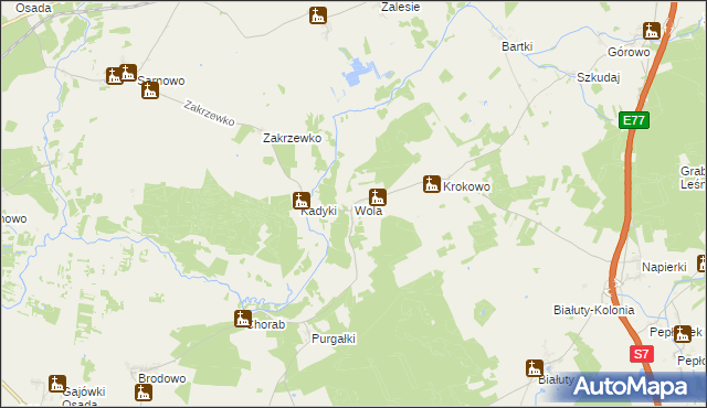 mapa Wola gmina Kozłowo, Wola gmina Kozłowo na mapie Targeo