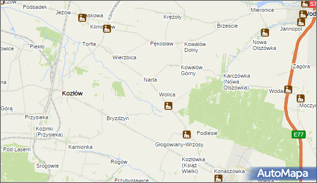 mapa Wolica gmina Kozłów, Wolica gmina Kozłów na mapie Targeo