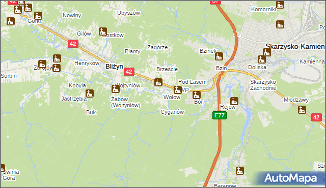 mapa Wołów gmina Bliżyn, Wołów gmina Bliżyn na mapie Targeo